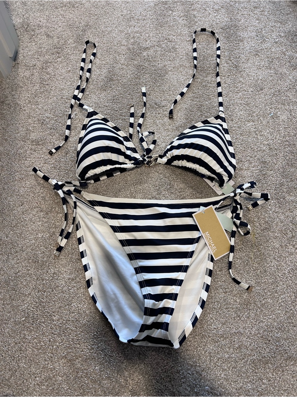 NWT Michael Kors Black White Striped String Bikini Set Triangle Swimwear Sailor